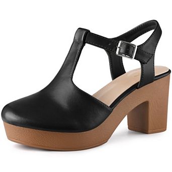 Platform T-Strap Shoes Chunky Heels Mules Sandals for Women