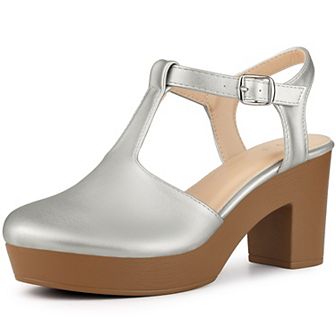 Platform T-Strap Shoes Chunky Heels Mules Sandals for Women