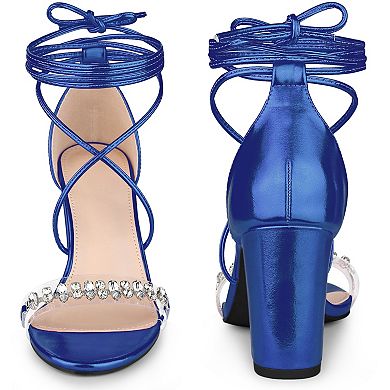 Crystal Rhinestones Strap Lace Up Chunky Heel Sandals for Women