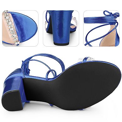 Crystal Rhinestones Strap Lace Up Chunky Heel Sandals for Women