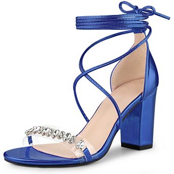 Crystal Rhinestones Strap Lace Up Chunky Heel Sandals for Women