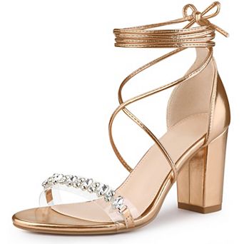 Crystal Rhinestones Strap Lace Up Chunky Heel Sandals for Women