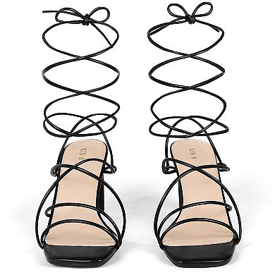Square Toe Block Heel Strappy Lace Up Sandals for Women