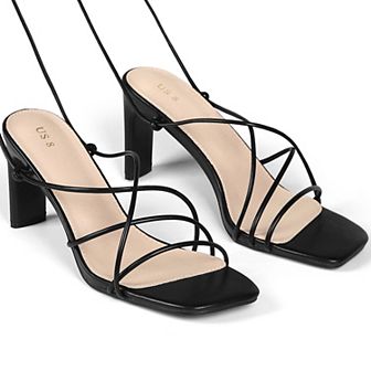 Square Toe Block Heel Strappy Lace Up Sandals for Women