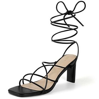 Square Toe Block Heel Strappy Lace Up Sandals for Women