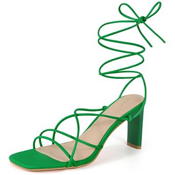 Square Toe Block Heel Strappy Lace Up Sandals for Women