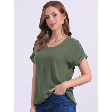 Women's Linen Tops Short Sleeve Casual t Shirts Basic Summer Outfits Loose Solid Color Blouse