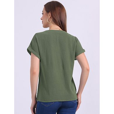 Women's Linen Tops Short Sleeve Casual t Shirts Basic Summer Outfits Loose Solid Color Blouse