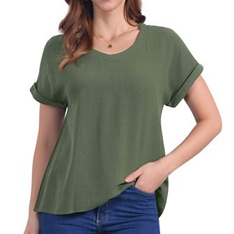 Women's Linen Tops Short Sleeve Casual t Shirts Basic Summer Outfits Loose Solid Color Blouse