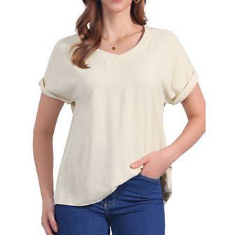 Women's Linen Tops Short Sleeve Casual t Shirts Basic Summer Outfits Loose Solid Color Blouse