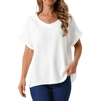 Women's Linen Tops Short Sleeve Casual t Shirts Basic Summer Outfits Loose Solid Color Blouse