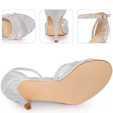 Women's Glitter Ankle Strap Stiletto Pump Heels