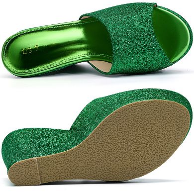Women's Glitter Platform Slip on Wedge Heels Sandals