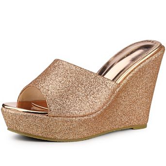 Women's Glitter Platform Slip on Wedge Heels Sandals