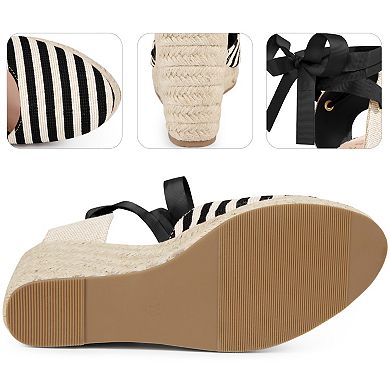 Stripe Lace Up Espadrilles Platform Wedge Sandals for Women