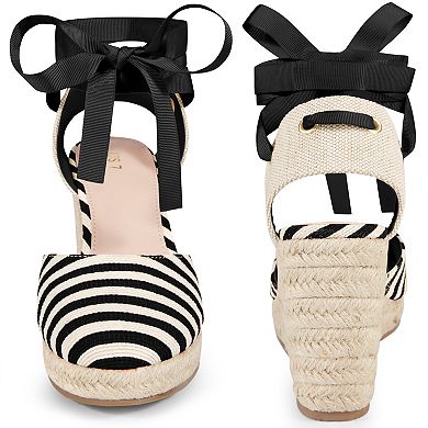 Stripe Lace Up Espadrilles Platform Wedge Sandals for Women