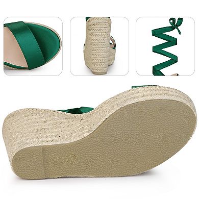 Platform Bow Ankle Tie Espadrilles Satin Lace Up Wedge Sandals for Women