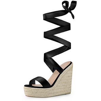 Platform Bow Ankle Tie Espadrilles Satin Lace Up Wedge Sandals for Women