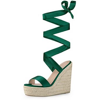 Platform Bow Ankle Tie Espadrilles Satin Lace Up Wedge Sandals for Women