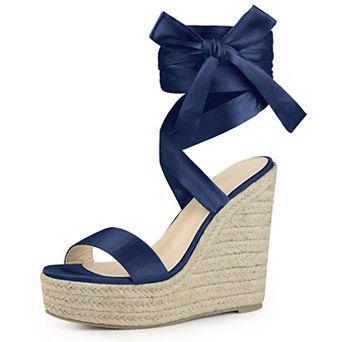 Platform Bow Ankle Tie Espadrilles Satin Lace Up Wedge Sandals for Women