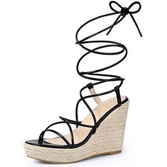 Snakeskin Platform Espadrille Wedges Strappy Heel Lace Up Sandals for Women