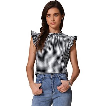 Gingham Plaid Top for Women's Mock Neck Cap Sleeves Ruffles Blouse