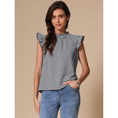 Gingham Plaid Top for Women's Mock Neck Cap Sleeves Ruffles Blouse