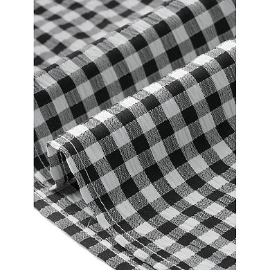 Gingham Plaid Top for Women's Mock Neck Cap Sleeves Ruffles Blouse