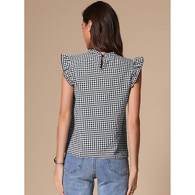 Gingham Plaid Top for Women's Mock Neck Cap Sleeves Ruffles Blouse