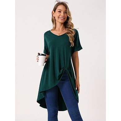 Women's Short Sleeve High Low Tops Waist Knot Asymmetrical Top V Neck Dressy Casual Blouse