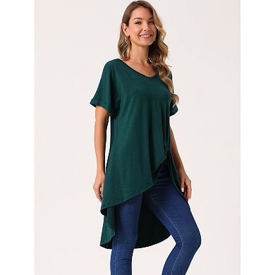 Women's Short Sleeve High Low Tops Waist Knot Asymmetrical Top V Neck Dressy Casual Blouse