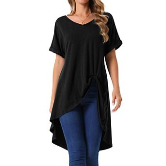 Women's Short Sleeve High Low Tops Waist Knot Asymmetrical Top V Neck Dressy Casual Blouse
