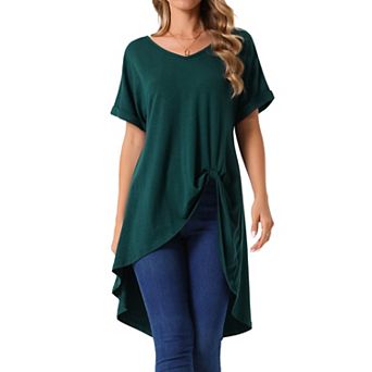 Women's Short Sleeve High Low Tops Waist Knot Asymmetrical Top V Neck Dressy Casual Blouse