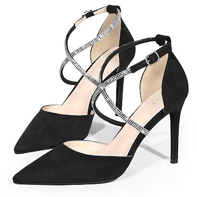 Pointed Toe Crisscross Rhinestone Ankle Strap Stiletto Heel Pumps for Women