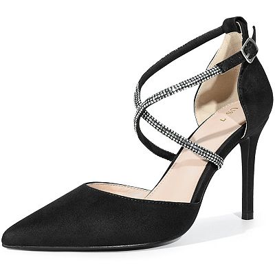 Pointed Toe Crisscross Rhinestone Ankle Strap Stiletto Heel Pumps