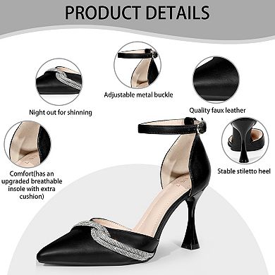 Rhinestone Pointy Toe Ankle Strap Stiletto Heel Pumps for Women