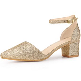 Glitter Pointed Toe Pumps Ankle Strap Buckle Chunky Block Heel Dress Pumps for Women