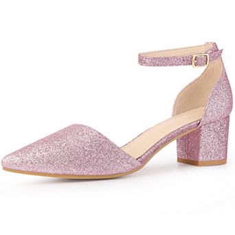Glitter Pointed Toe Pumps Ankle Strap Buckle Chunky Block Heel Dress Pumps for Women
