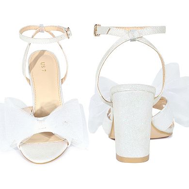 Glitter Heel Mesh Bow Chunky High Heel Sandal for Women