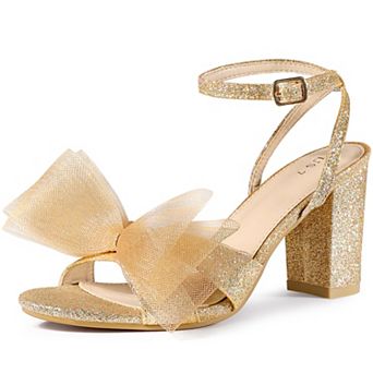 Glitter Heel Mesh Bow Chunky High Heel Sandal for Women