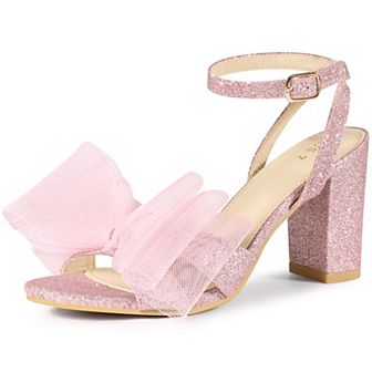 Glitter Heel Mesh Bow Chunky High Heel Sandal for Women