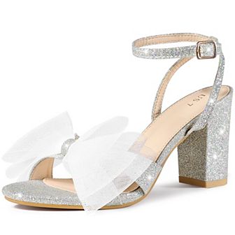 Glitter Heel Mesh Bow Chunky High Heel Sandal for Women