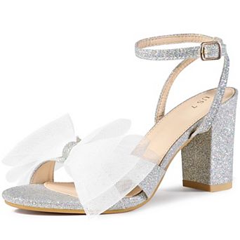 Glitter Heel Mesh Bow Chunky High Heel Sandal for Women