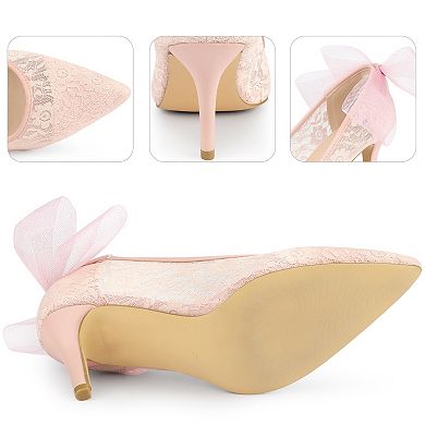 Pointed Toe Bow Bridal Stiletto Heel Lace Heels Pumps for Women