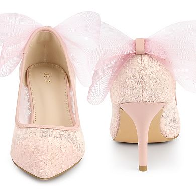 Pointed Toe Bow Bridal Stiletto Heel Lace Heels Pumps for Women