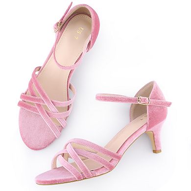 Kitten Heels Sandals Velvet Strappy Heeled Dance Shoes for Women