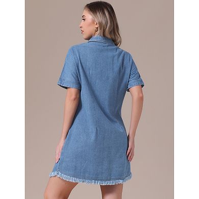 Women's Denim Dress Button Front Frayed Hem Collared Short Sleeve Jean Shirt Dresses
