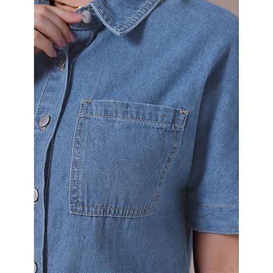 Women's Denim Dress Button Front Frayed Hem Collared Short Sleeve Jean Shirt Dresses