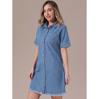 Women's Denim Dress Button Front Frayed Hem Collared Short Sleeve Jean  Shirt Dresses