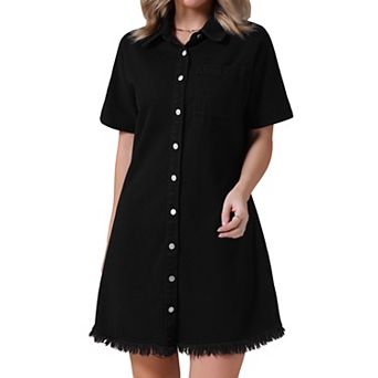 Women's Denim Dress Button Front Frayed Hem Collared Short Sleeve Jean Shirt Dresses